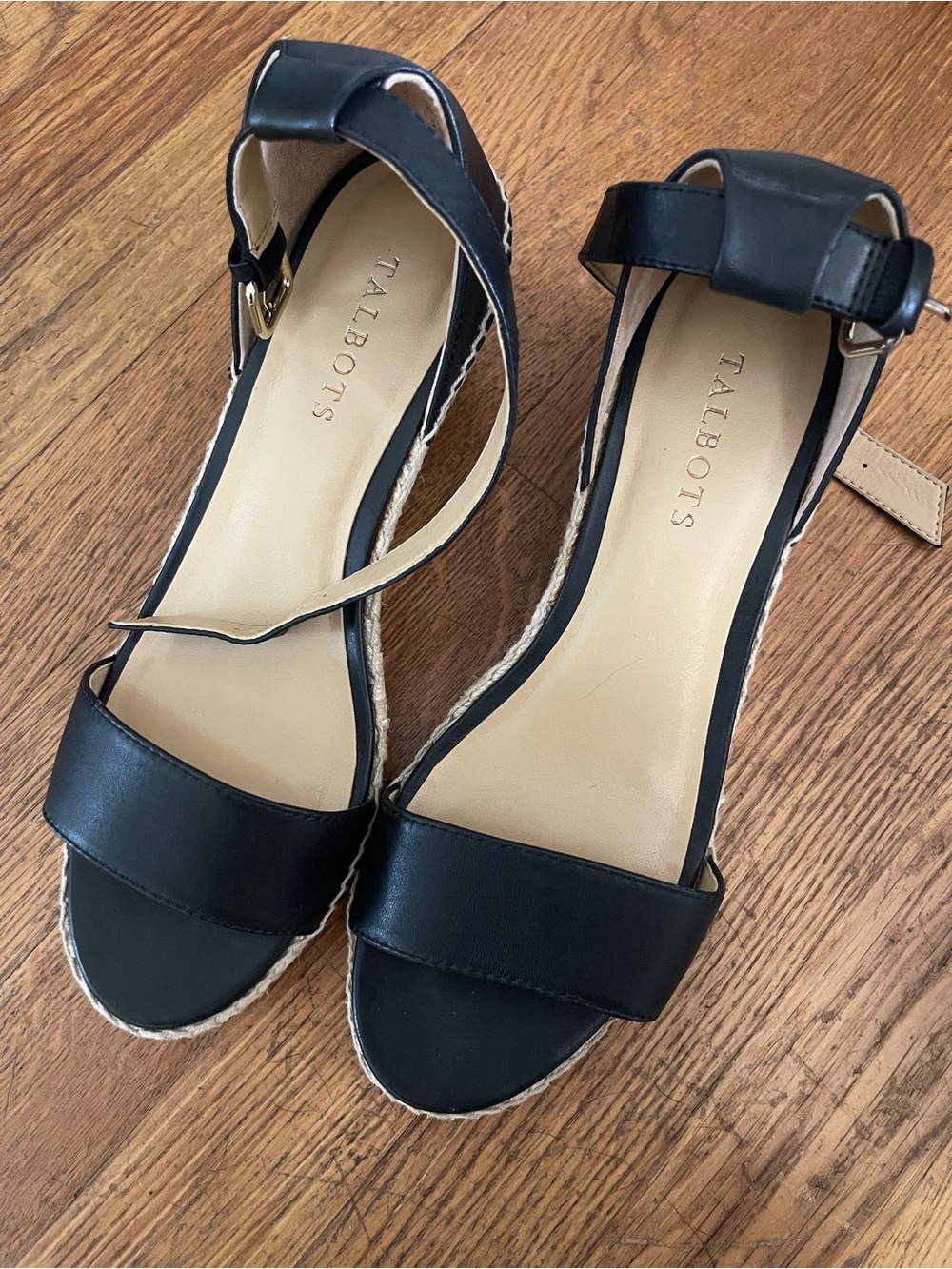Talbots Black Leather Espadrille Wedge Sandals